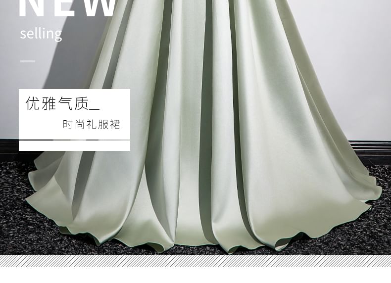 Sleeveless Off Shoulder Plain Pleated Ruched Satin A-Line Evening Gown