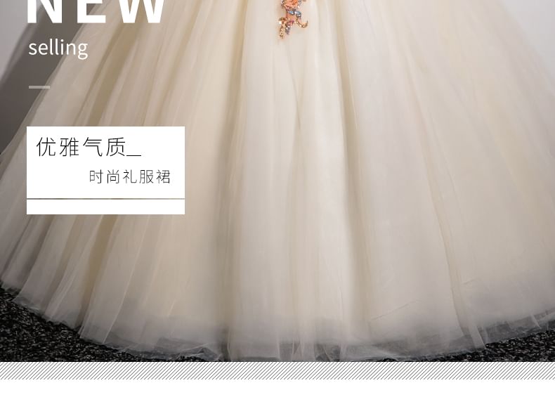 3/4-Sleeve V-Neck Beaded Floral Applique Mesh Panel Velvet A-Line Evening Gown