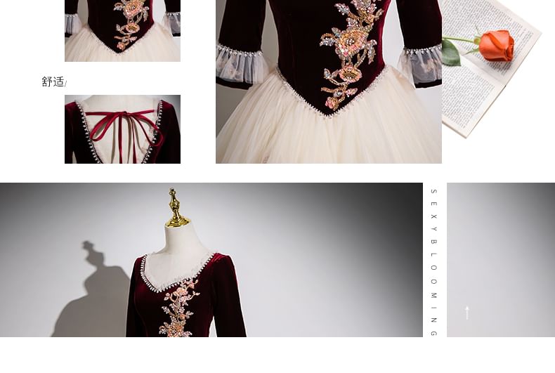 Panel Applique Floral Gown A-Line V-Neck Mesh Beaded Evening Velvet 3/4-Sleeve