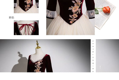 Panel Applique Floral Gown A-Line V-Neck Mesh Beaded Evening Velvet 3/4-Sleeve