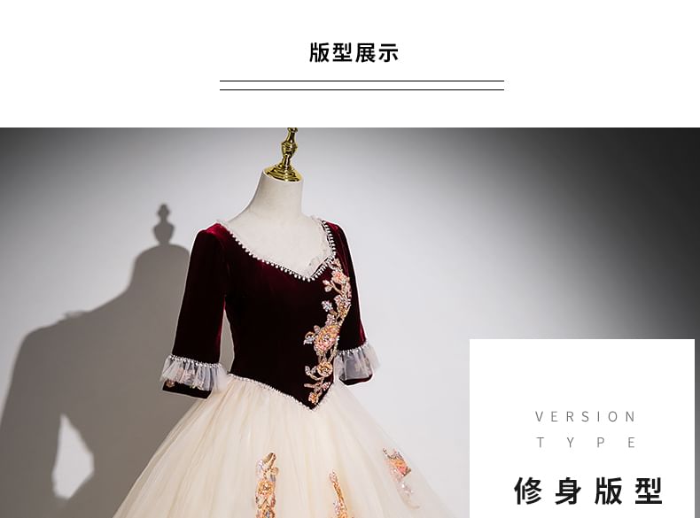 Panel Applique Floral Gown A-Line V-Neck Mesh Beaded Evening Velvet 3/4-Sleeve