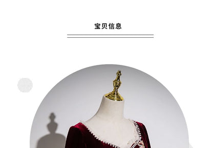 3/4-Sleeve V-Neck Beaded Floral Applique Mesh Panel Velvet A-Line Evening Gown