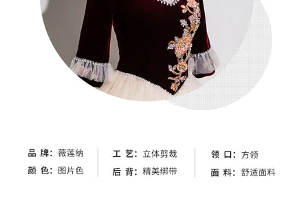 3/4-Sleeve V-Neck Beaded Floral Applique Mesh Panel Velvet A-Line Evening Gown