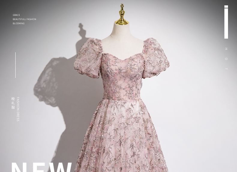 Shoulder Gown Off Evening Puff A-Line Mesh Embroidered Floral Sleeve