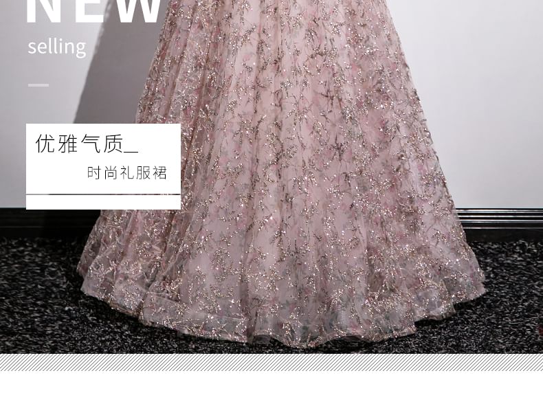 Puff Sleeve Off Shoulder Floral Embroidered Mesh A-Line Evening Gown