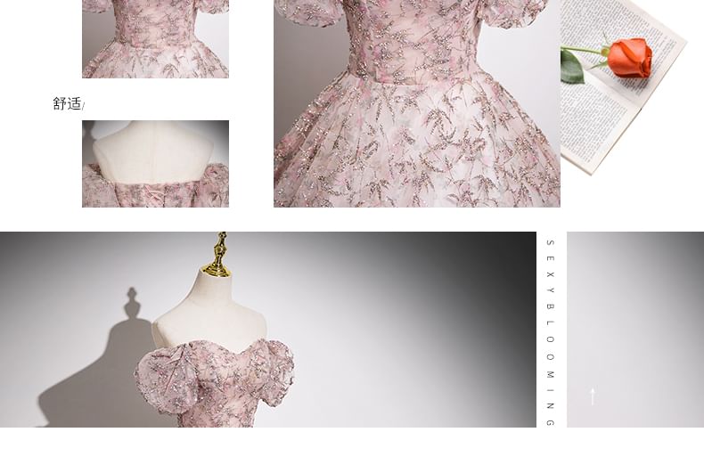 Puff Sleeve Off Shoulder Floral Embroidered Mesh A-Line Evening Gown