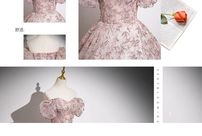 Puff Sleeve Off Shoulder Floral Embroidered Mesh A-Line Evening Gown