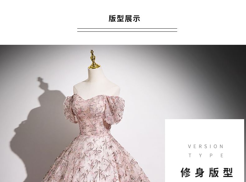 Shoulder Gown Off Evening Puff A-Line Mesh Embroidered Floral Sleeve