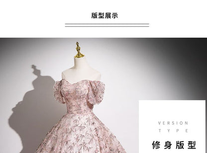 Shoulder Gown Off Evening Puff A-Line Mesh Embroidered Floral Sleeve