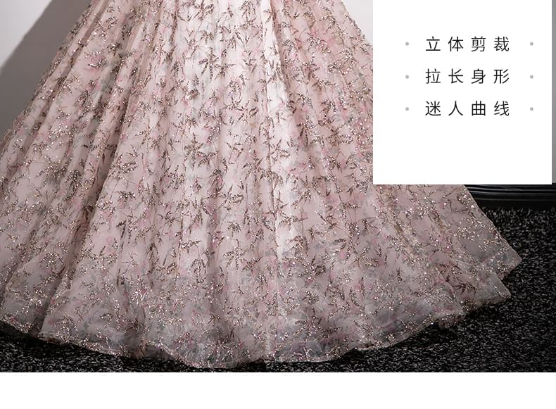 Shoulder Gown Off Evening Puff A-Line Mesh Embroidered Floral Sleeve