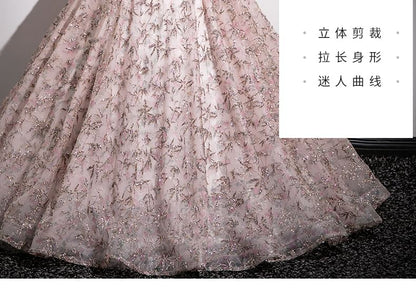 Shoulder Gown Off Evening Puff A-Line Mesh Embroidered Floral Sleeve