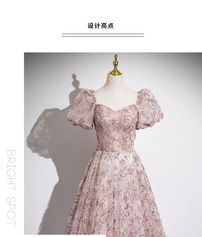 Puff Sleeve Off Shoulder Floral Embroidered Mesh A-Line Evening Gown