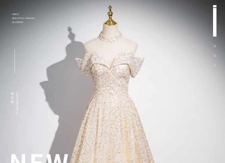 Gown Sleeveless Off A-Line Evening Patterned Shoulder