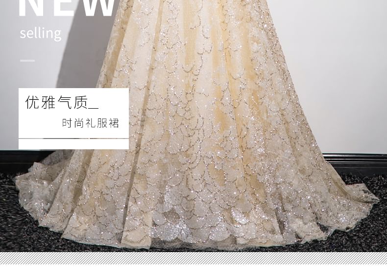 Gown Sleeveless Off A-Line Evening Patterned Shoulder