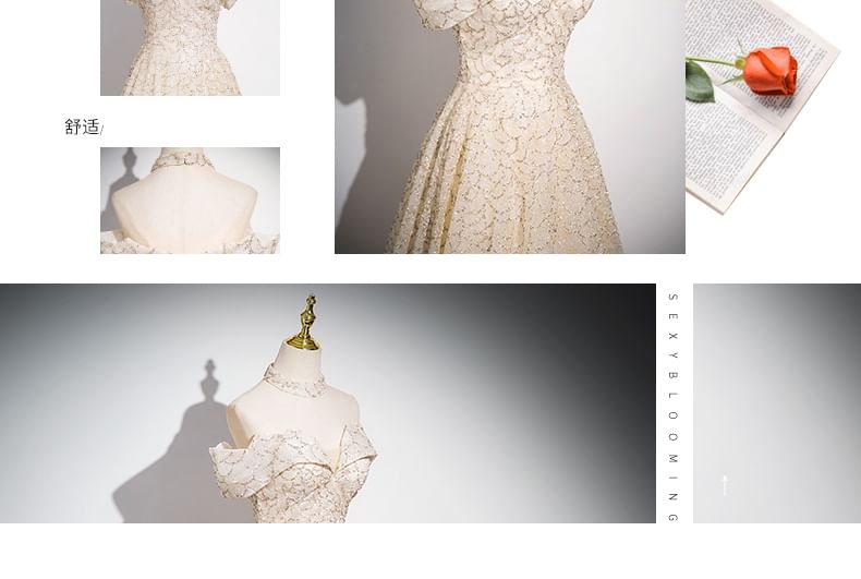 Gown Sleeveless Off A-Line Evening Patterned Shoulder