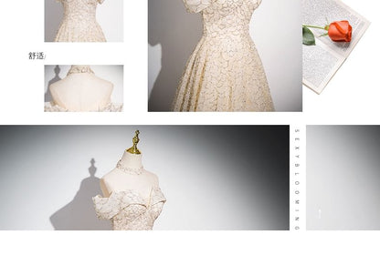 Gown Sleeveless Off A-Line Evening Patterned Shoulder