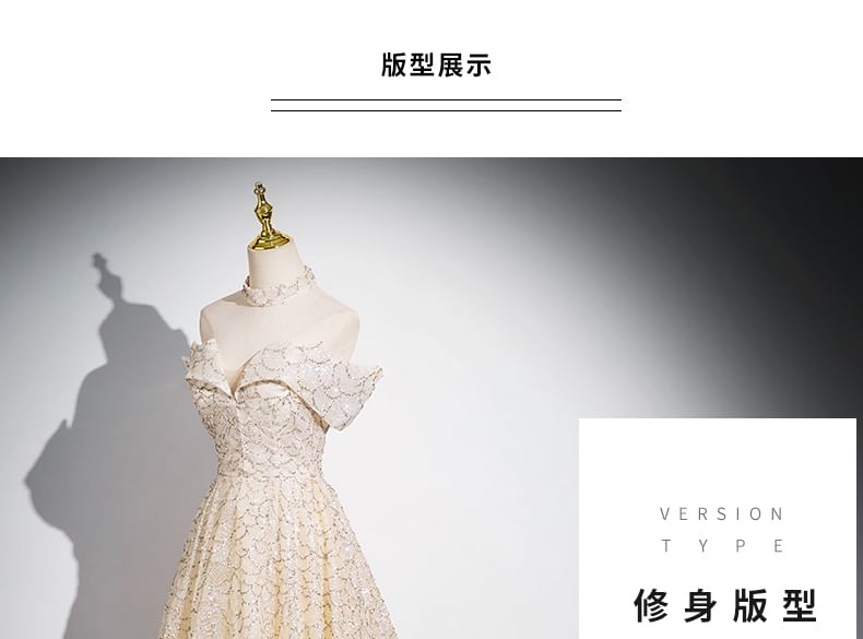 Gown Sleeveless Off A-Line Evening Patterned Shoulder