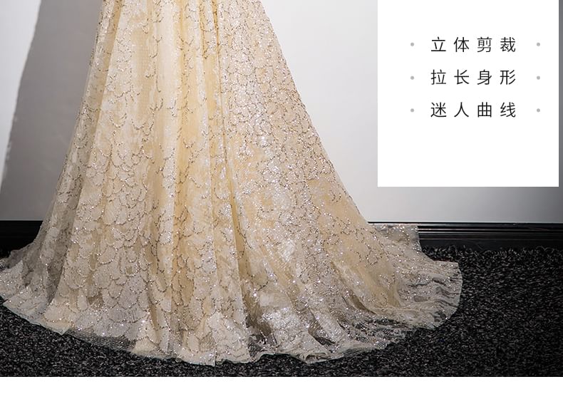 Gown Sleeveless Off A-Line Evening Patterned Shoulder