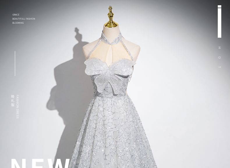 Mesh Gown Butterfly Collar Patterned Sleeveless Evening Mandarin A-Line Panel