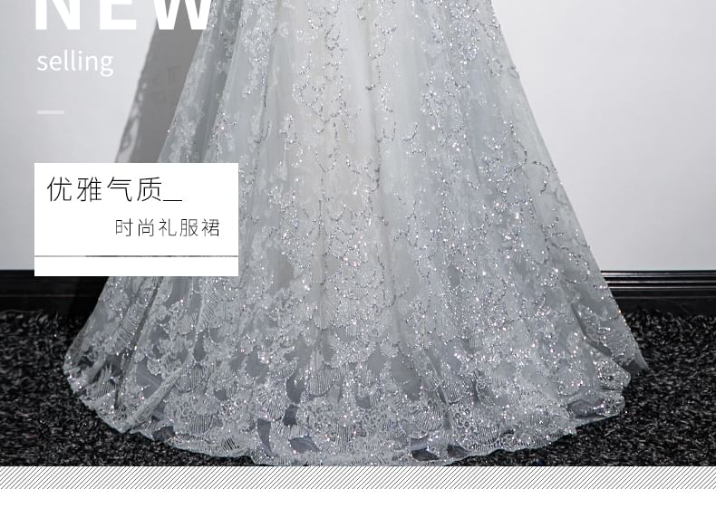 Sleeveless Mandarin Collar Butterfly Patterned Panel Mesh A-Line Evening Gown