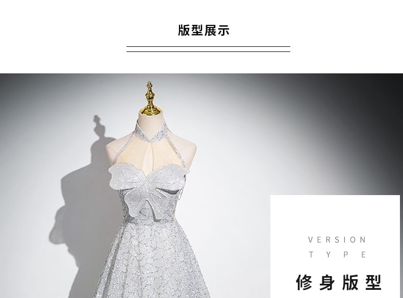 Mesh Gown Butterfly Collar Patterned Sleeveless Evening Mandarin A-Line Panel