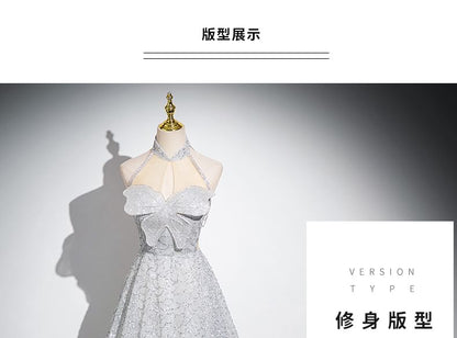 Mesh Gown Butterfly Collar Patterned Sleeveless Evening Mandarin A-Line Panel