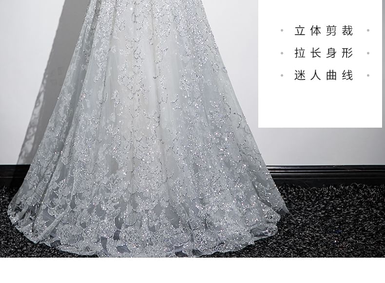 Sleeveless Mandarin Collar Butterfly Patterned Panel Mesh A-Line Evening Gown