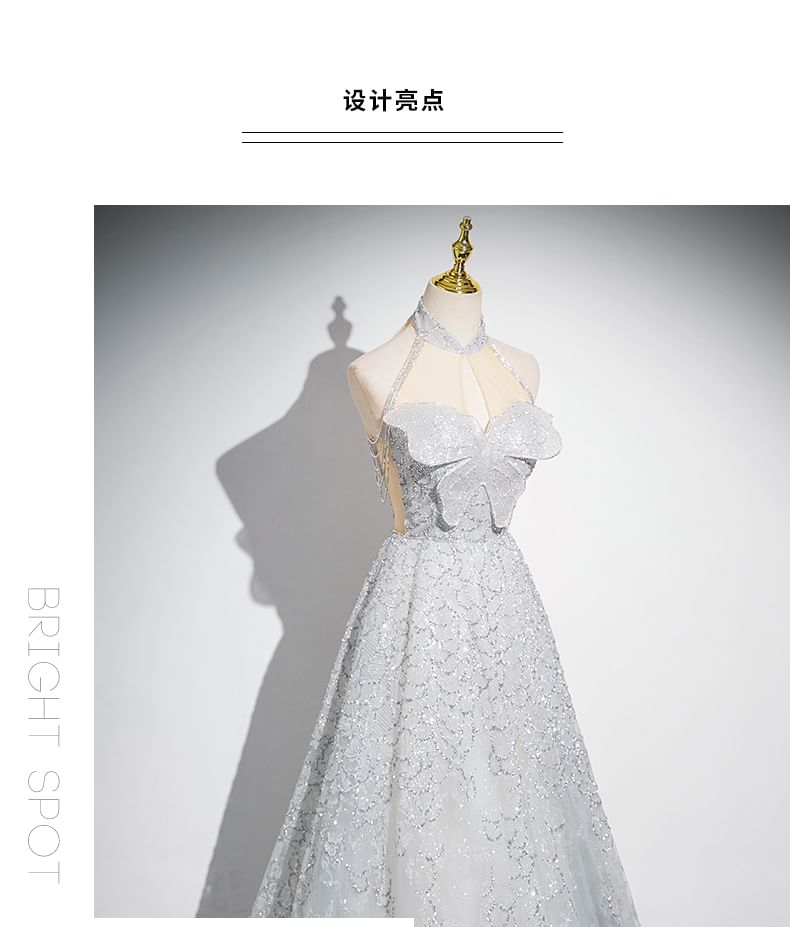 Mesh Gown Butterfly Collar Patterned Sleeveless Evening Mandarin A-Line Panel