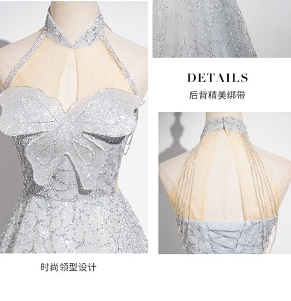 Sleeveless Mandarin Collar Butterfly Patterned Panel Mesh A-Line Evening Gown