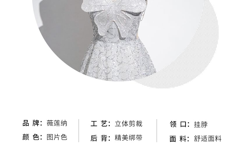 Sleeveless Mandarin Collar Butterfly Patterned Panel Mesh A-Line Evening Gown