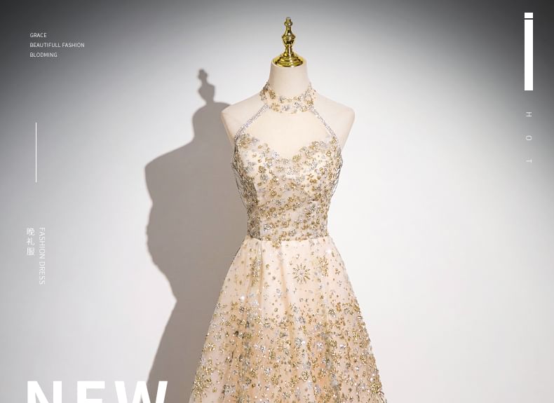 Sleeveless Patterned Sequin Gown Evening Mandarin Collar Mesh A-Line