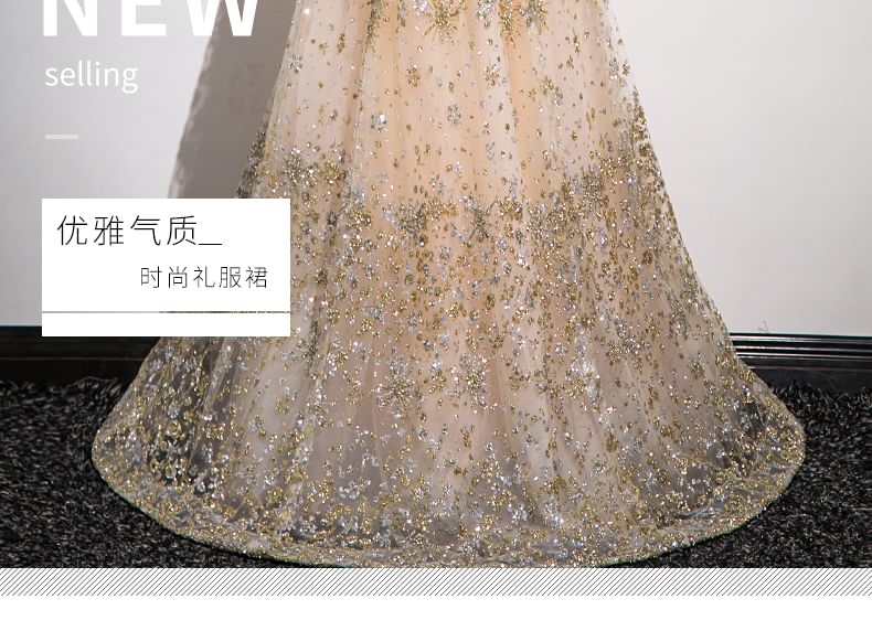 Sleeveless Patterned Sequin Gown Evening Mandarin Collar Mesh A-Line