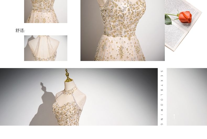 Sleeveless Patterned Sequin Gown Evening Mandarin Collar Mesh A-Line