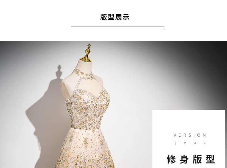 Sleeveless Patterned Sequin Gown Evening Mandarin Collar Mesh A-Line