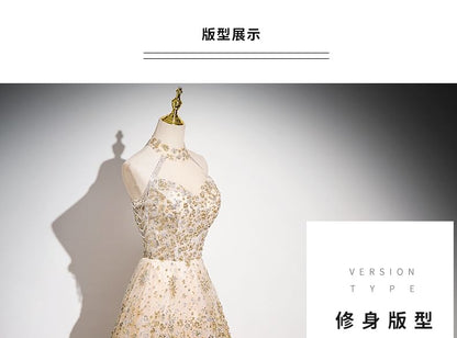 Sleeveless Patterned Sequin Gown Evening Mandarin Collar Mesh A-Line