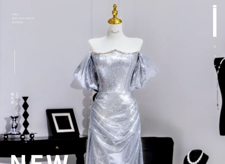 Shoulder A-Line Sleeve Puff Gown Evening Off Ruched Sequin Metallic