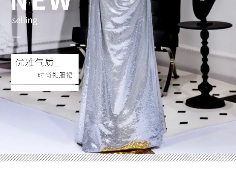 Puff Sleeve Off Shoulder Metallic Sequin Ruched A-Line Evening Gown