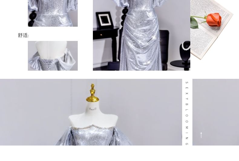 Shoulder A-Line Sleeve Puff Gown Evening Off Ruched Sequin Metallic