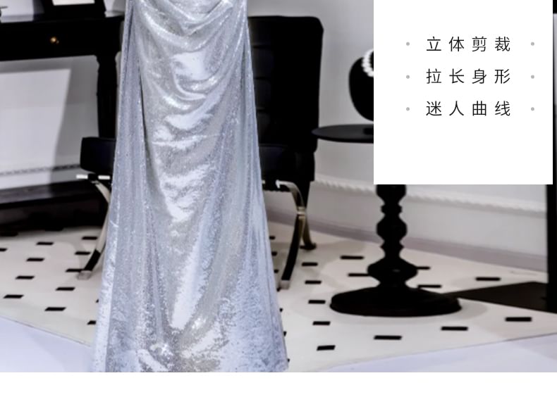 Shoulder A-Line Sleeve Puff Gown Evening Off Ruched Sequin Metallic