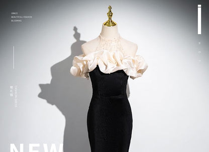 Trumpet Cold Panel Evening Gown Mesh Sleeveless Ruched Sequin Shoulder