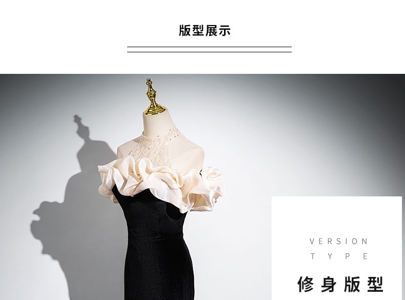 Trumpet Cold Panel Evening Gown Mesh Sleeveless Ruched Sequin Shoulder