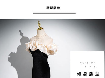 Trumpet Cold Panel Evening Gown Mesh Sleeveless Ruched Sequin Shoulder