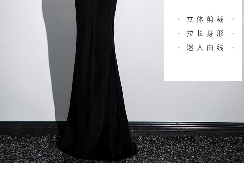 Trumpet Cold Panel Evening Gown Mesh Sleeveless Ruched Sequin Shoulder