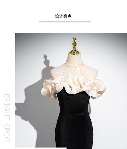 Trumpet Cold Panel Evening Gown Mesh Sleeveless Ruched Sequin Shoulder