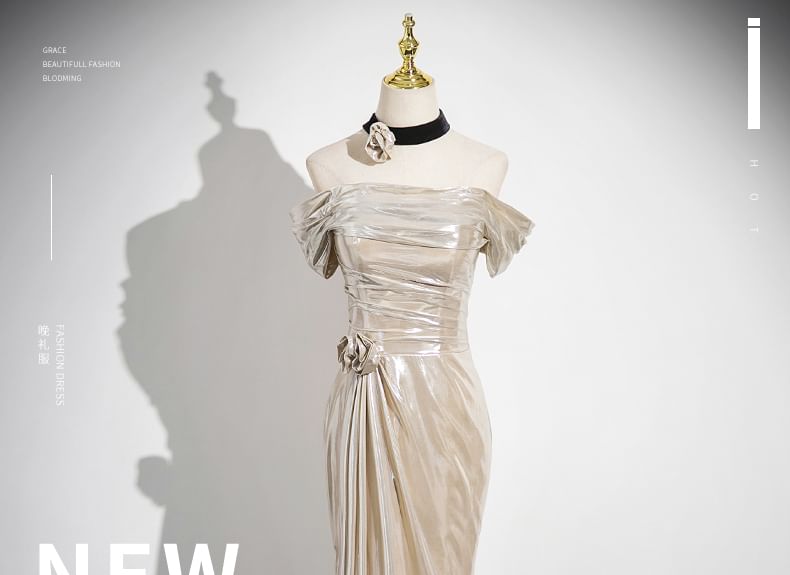 Plain Shoulder Evening Trumpet Off Gown Ruched Sleeveless