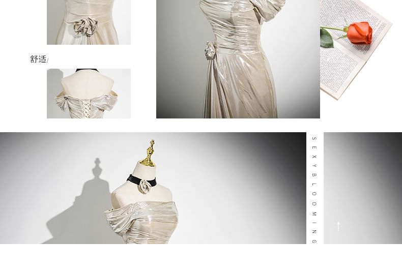 Plain Shoulder Evening Trumpet Off Gown Ruched Sleeveless