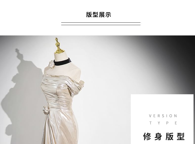 Plain Shoulder Evening Trumpet Off Gown Ruched Sleeveless