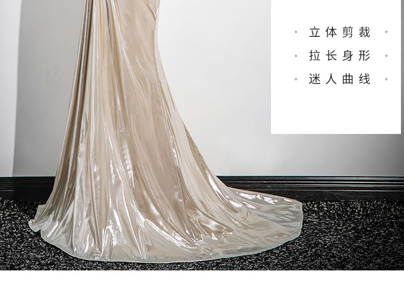 Plain Shoulder Evening Trumpet Off Gown Ruched Sleeveless