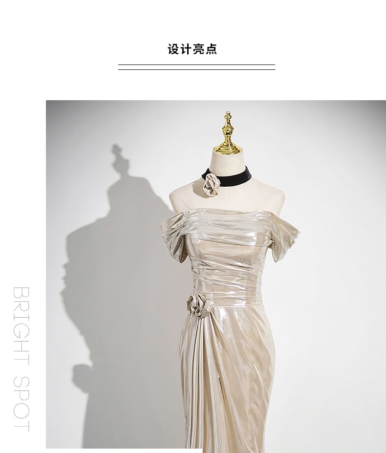 Plain Shoulder Evening Trumpet Off Gown Ruched Sleeveless