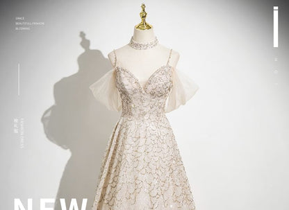 Spaghetti Strap Beaded Patterned A-Line Evening Gown